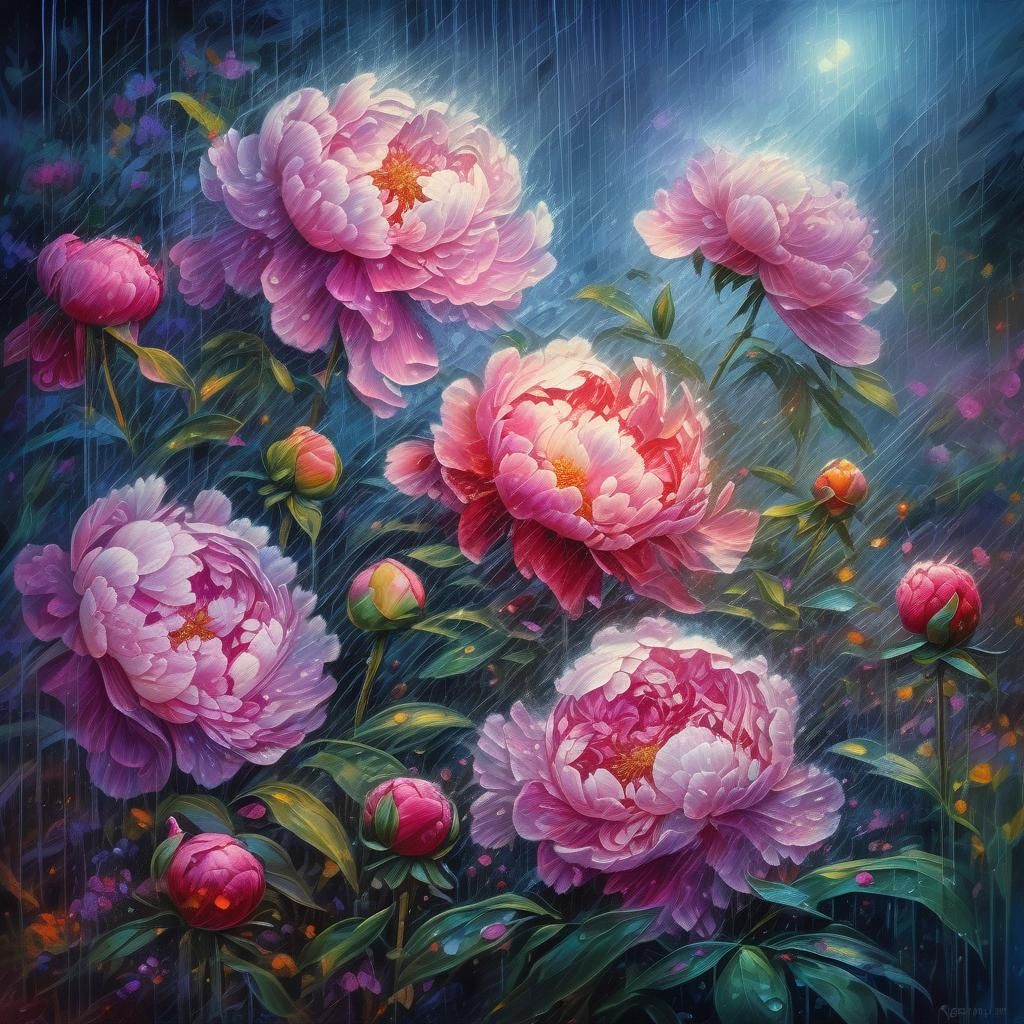 Summer Rain Garden Peonies in Romanticism Style