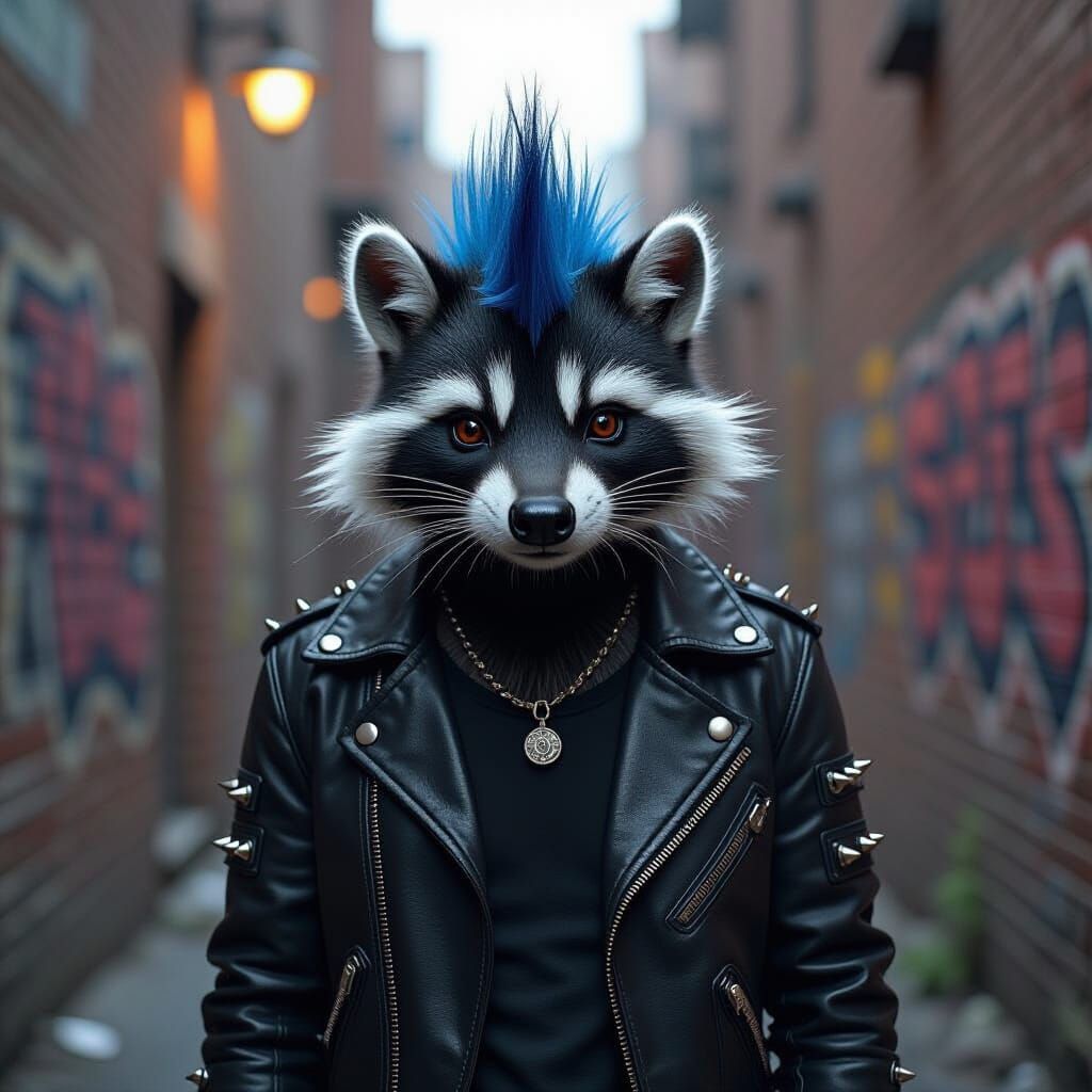 Skunk in Leather Jacket with Blue Mohawk