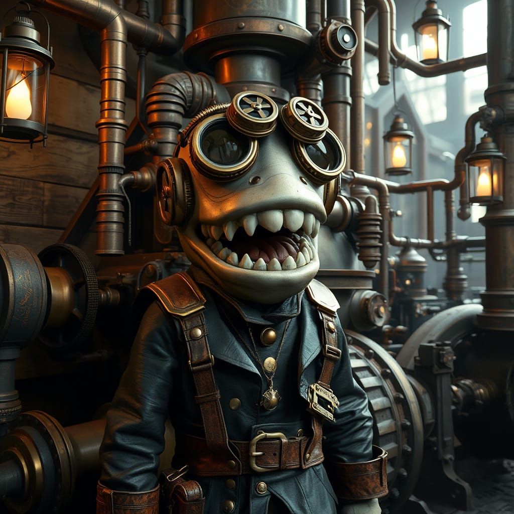 Steampunk Figure Amidst Industrial Landscape