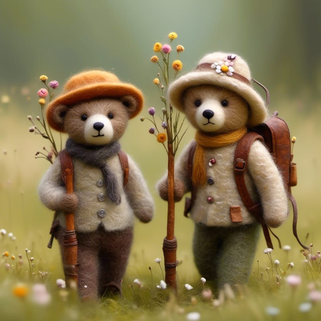 Needle-Felted Teddy Bears Hike Through Blooming Meadows