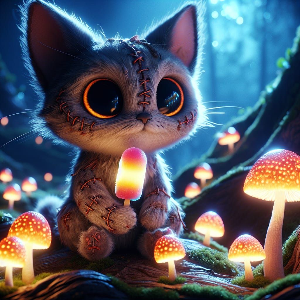 Whimsical Feline Amidst Bioluminescent Mushrooms