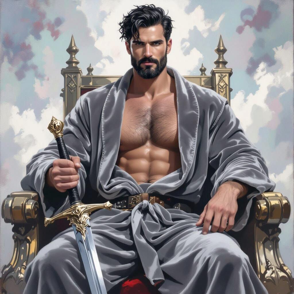 Regal Man on Throne with Sword, Chiaroscuro Style