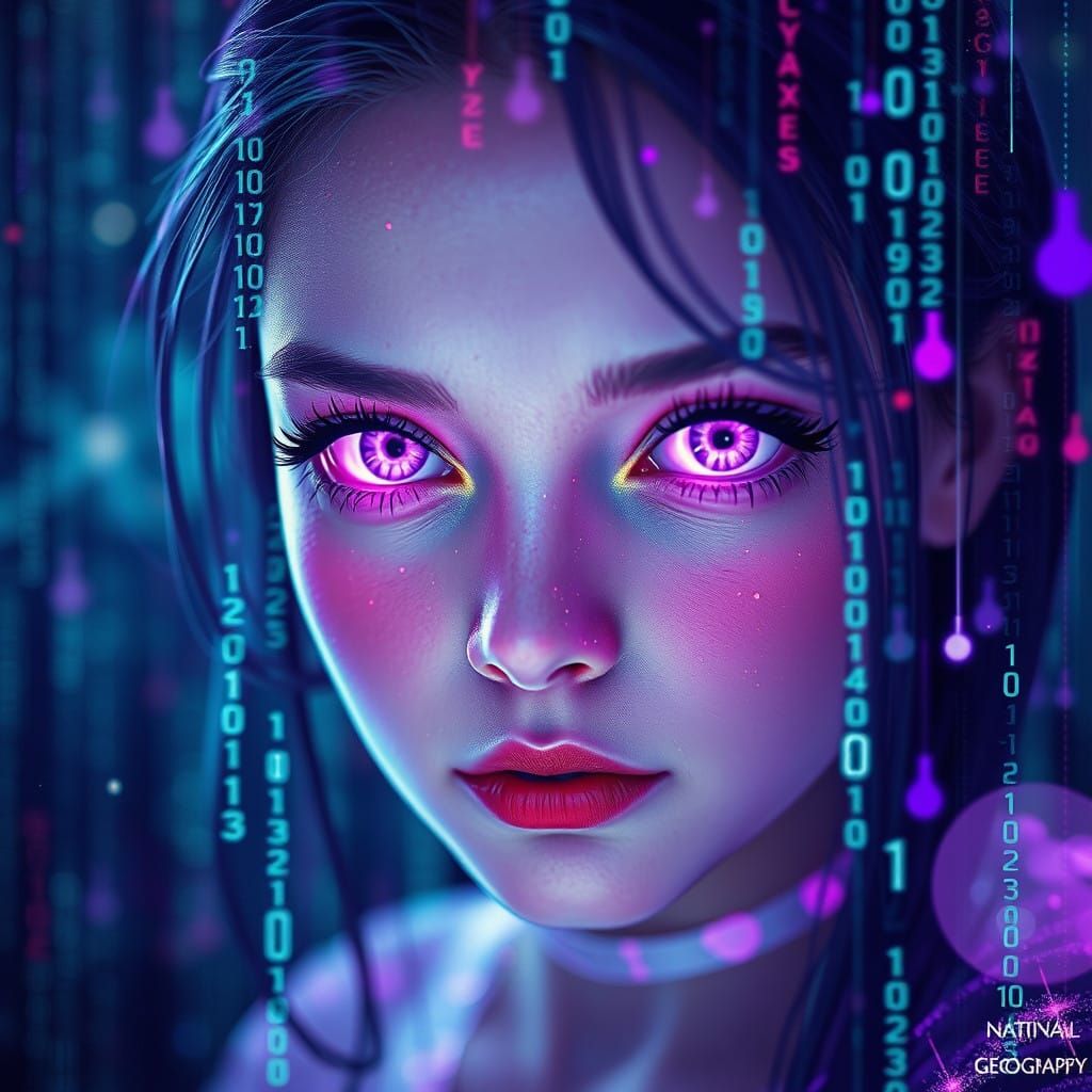 Purple Matrix code , binary code , glitch, double exposure cinematic manga comix style, sci-fi,