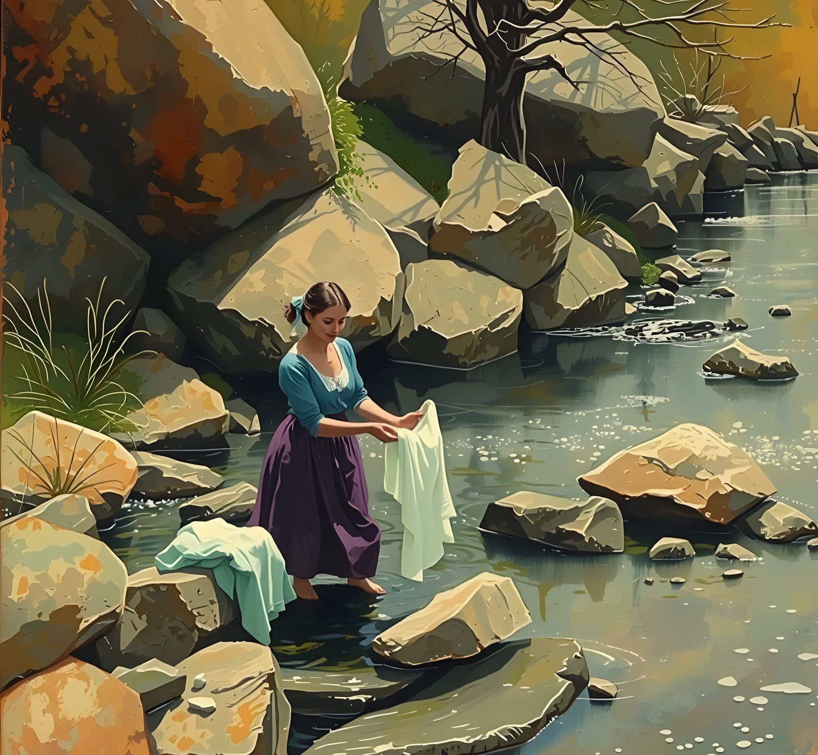 Rustic 19th Century River Scene in Impasto Style