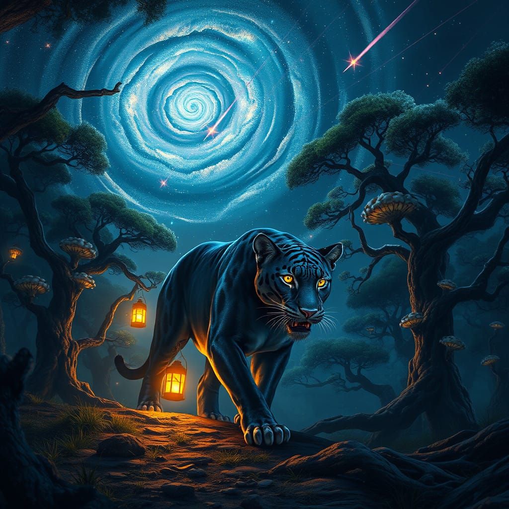 Panther Under Starry Night Sky During Meteor Shower in Fanta...