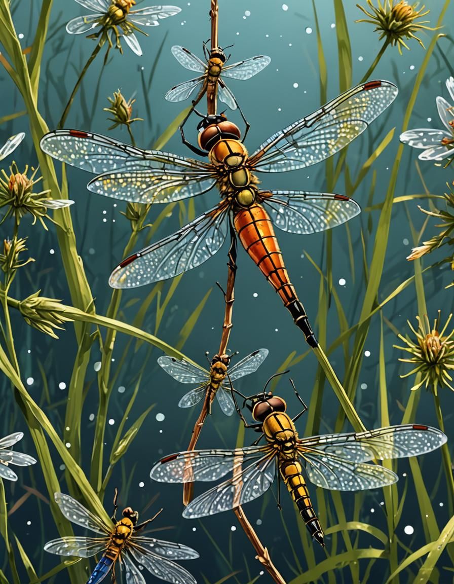 Iridescent Dragonfly over Lush Pond: Macro Insect Photo