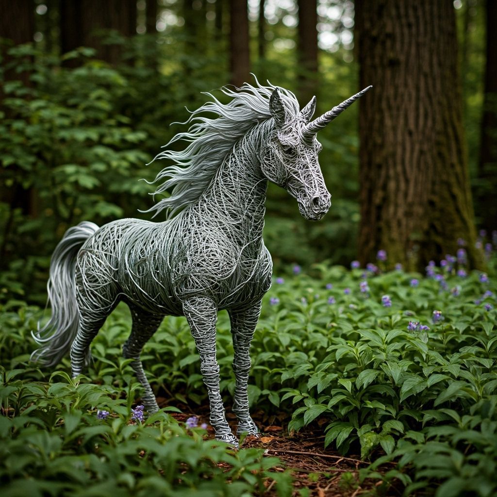 Majestic Wire Unicorn Sculpture in Enchanted Forest