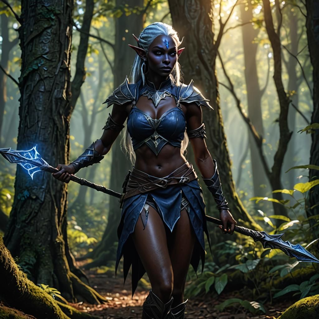 Dark Elf Warrior in Enchanted Forest, Digital Art