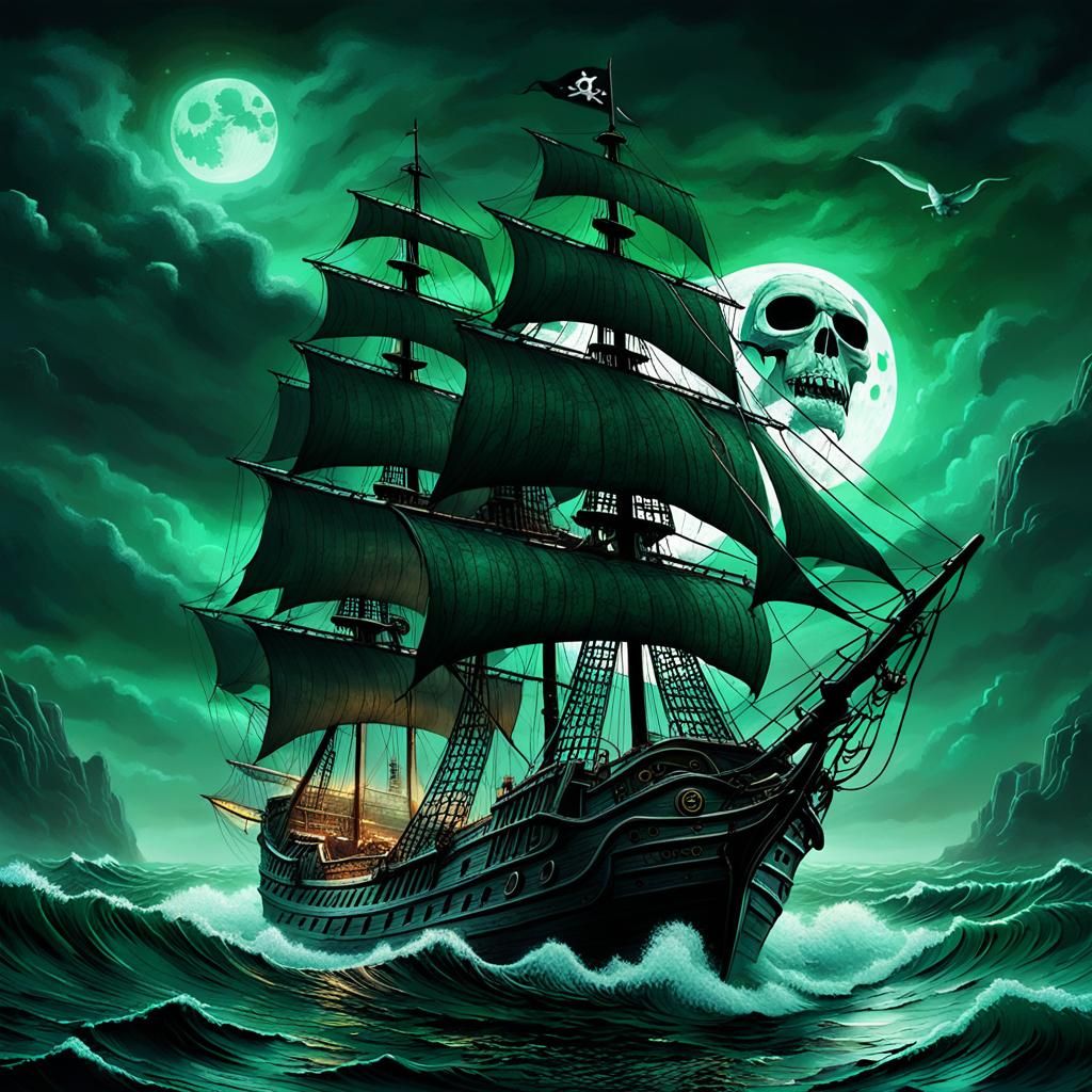 Ghost Pirate Ship Navigating Stormy Seas