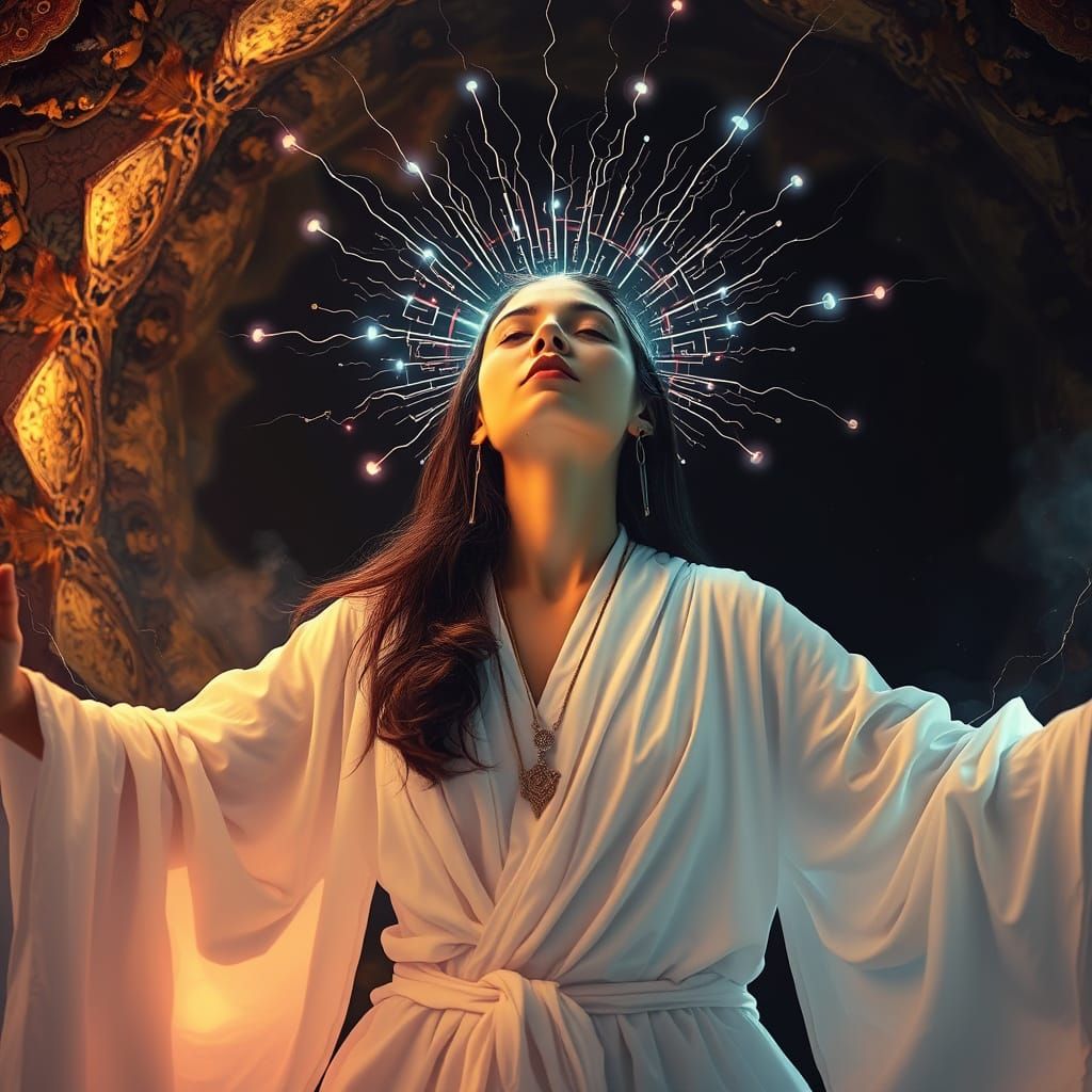 Woman's Spiritual Journey with Ethereal Lights