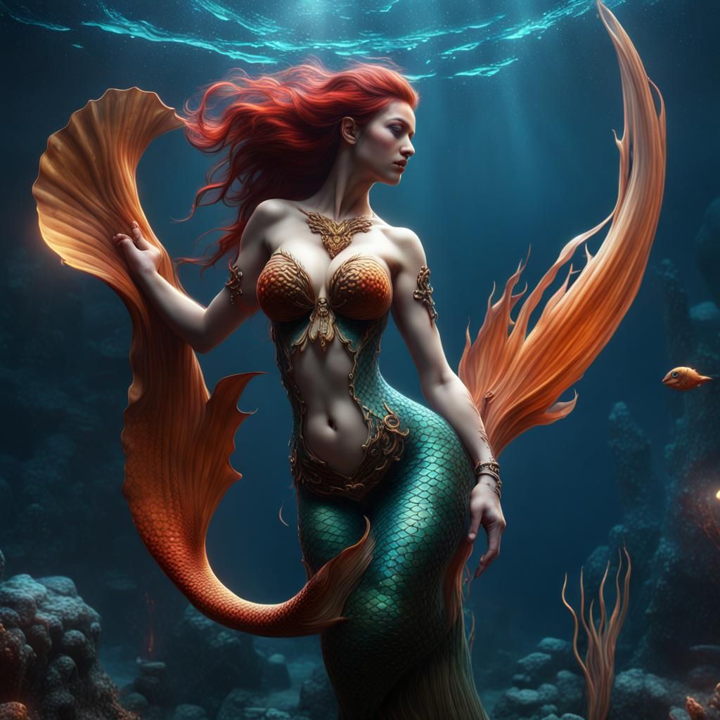 Nude Mermaid Underwater: Detailed Fantasy Art