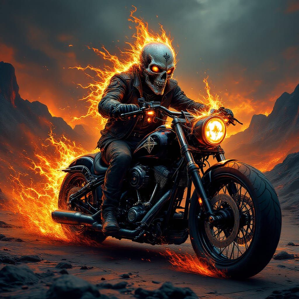 Demonic Rider on Flaming Harley in Hellish Landscape