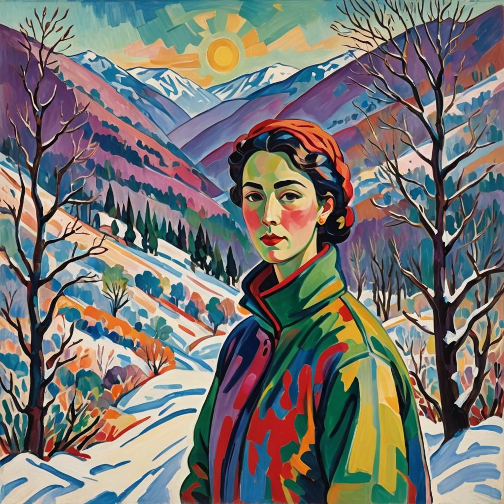 Fauvist Portrait in Winter Mountain Landscape