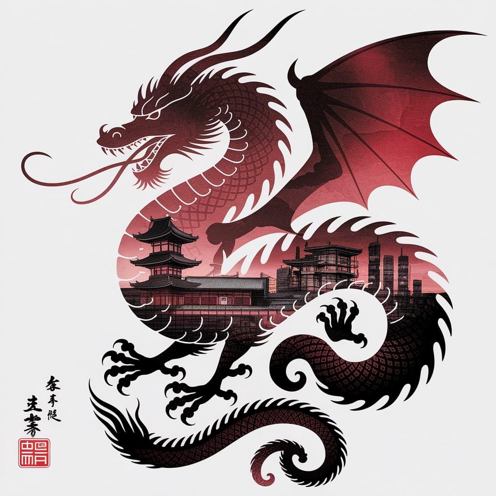 Dragon Silhouette with Japanese City in Sumi-e Style