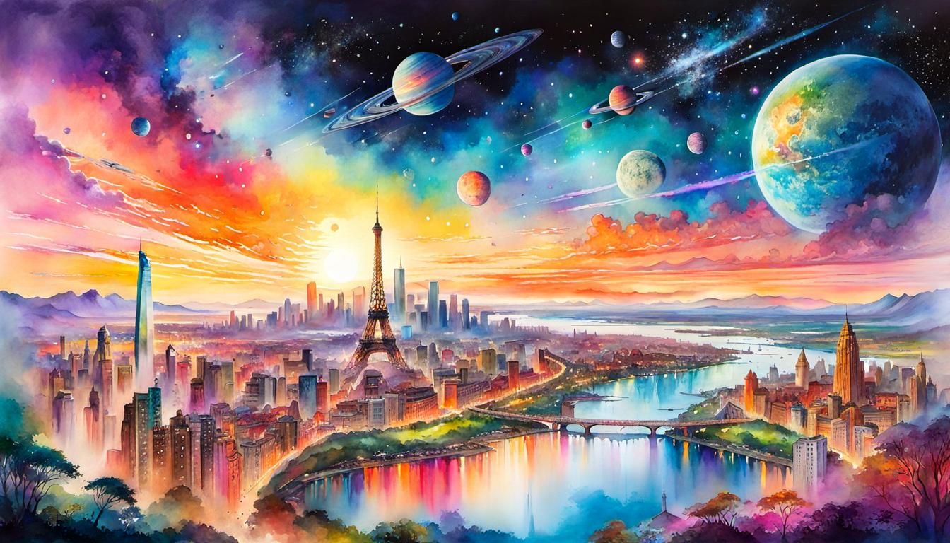 Intergalactic Cityscape in Watercolor Style