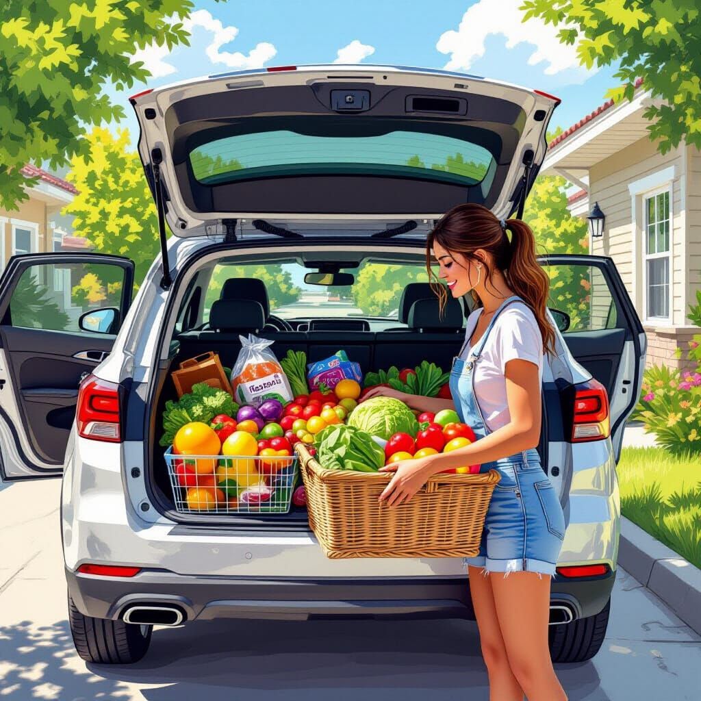 Woman Packs Groceries into Car Trunk, Digital Art