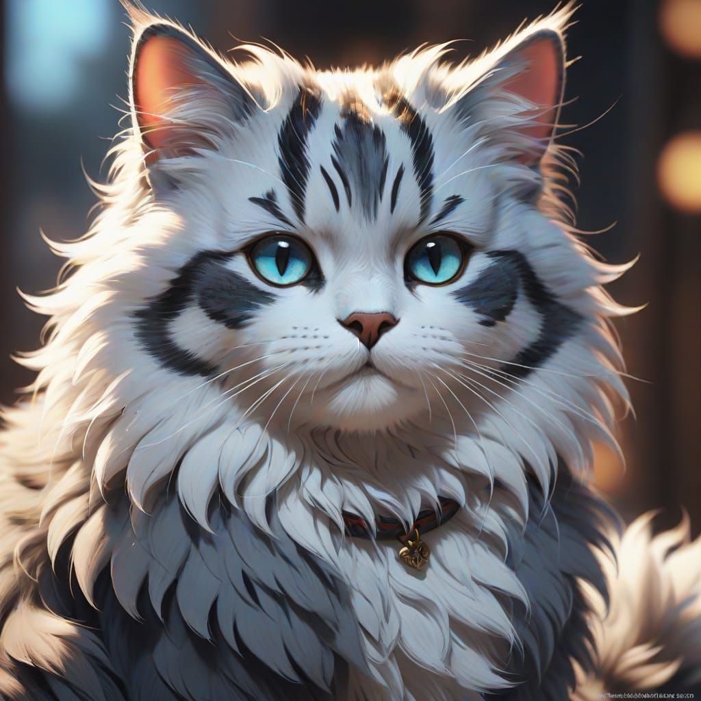 Anime Style Fluffy Cat with Unique Markings