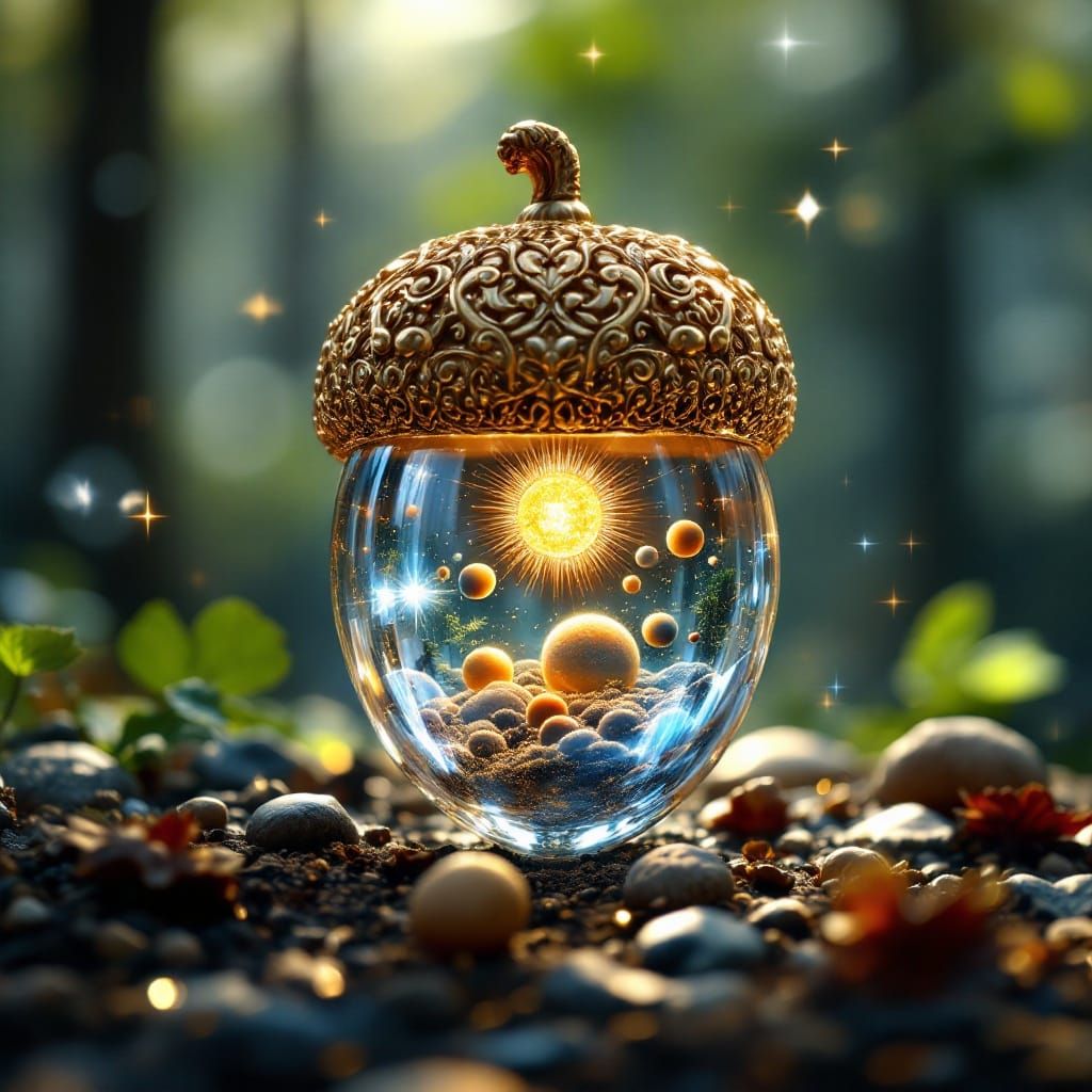 Precision-Crafted Glass Acorn with Radiant Sun and Planets
