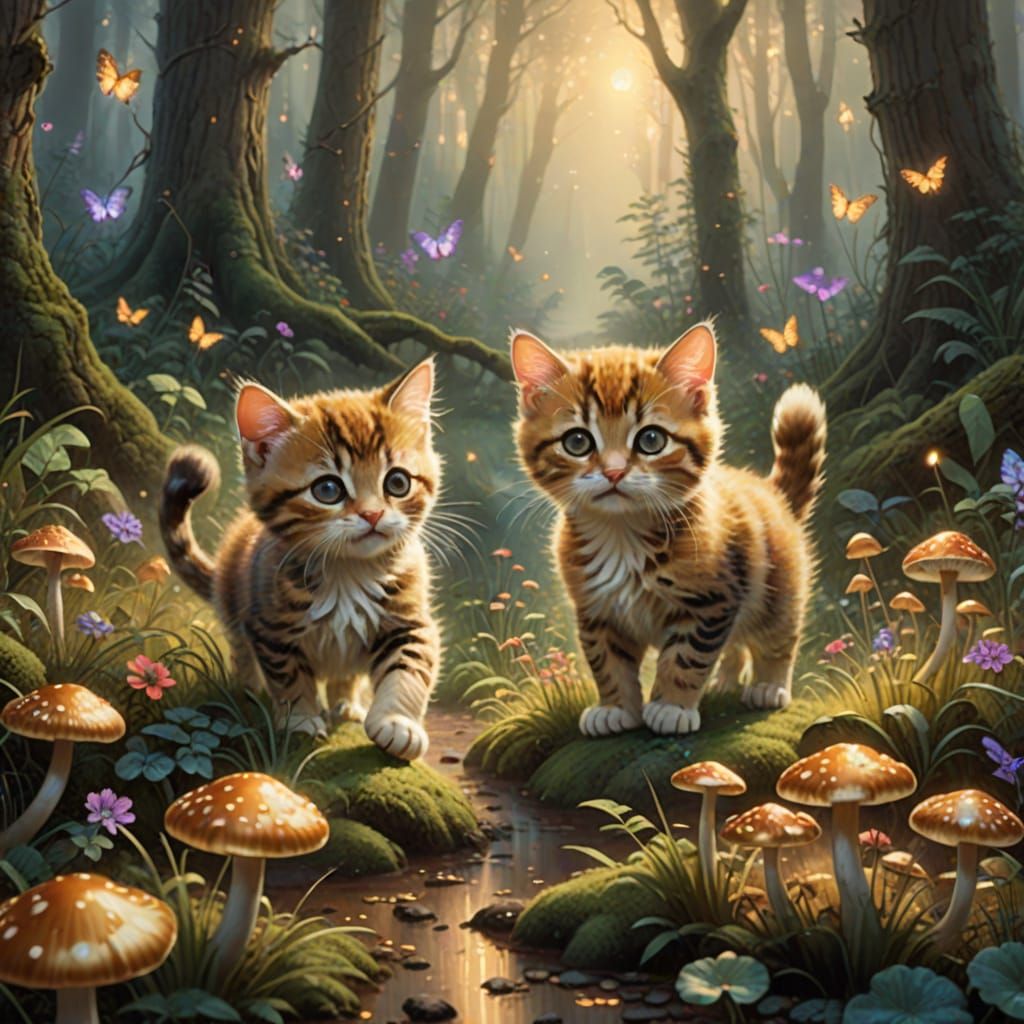 Kittens Chase Mouse in Misty Forest, Kinkade Style