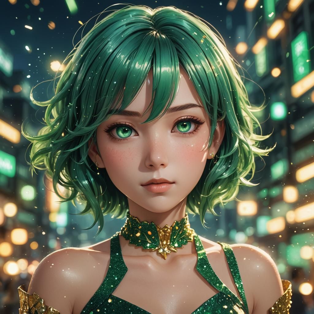Anime Portrait of Woman with Emerald Green Hair
