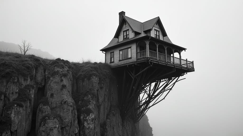 A black-and-white, high-contrast image of a surreal structure. The scene features an old, Victorian-style house precario...