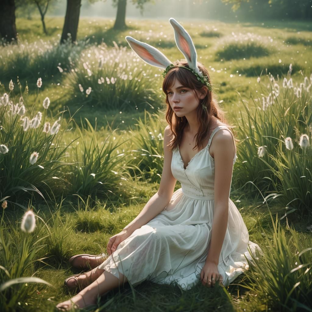 Surreal Rabbit Woman in Ethereal Meadow