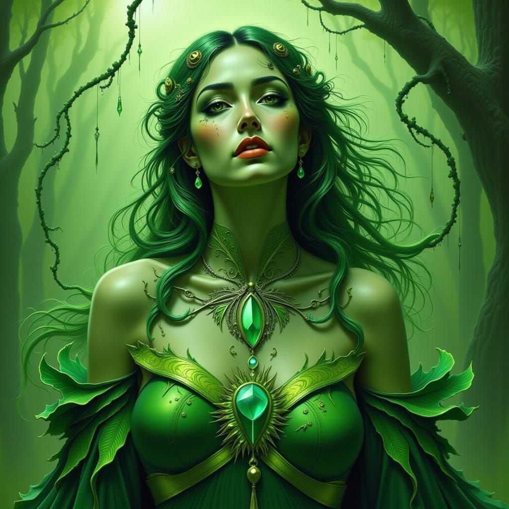Luminous Green Goddess in Digital Art Style