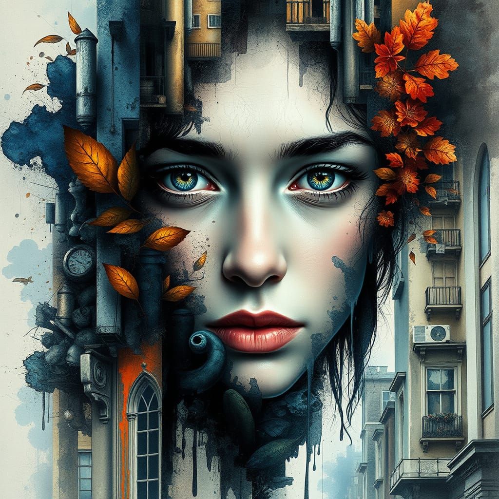 Surrealist Cityscape Portrait in Watercolor and Ink Wash Sty...