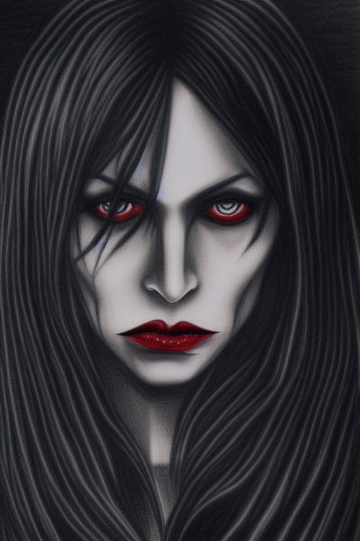 woman long dark hair black vampire the masquerade lasombra portrait hyperdetailed charcoal drawing