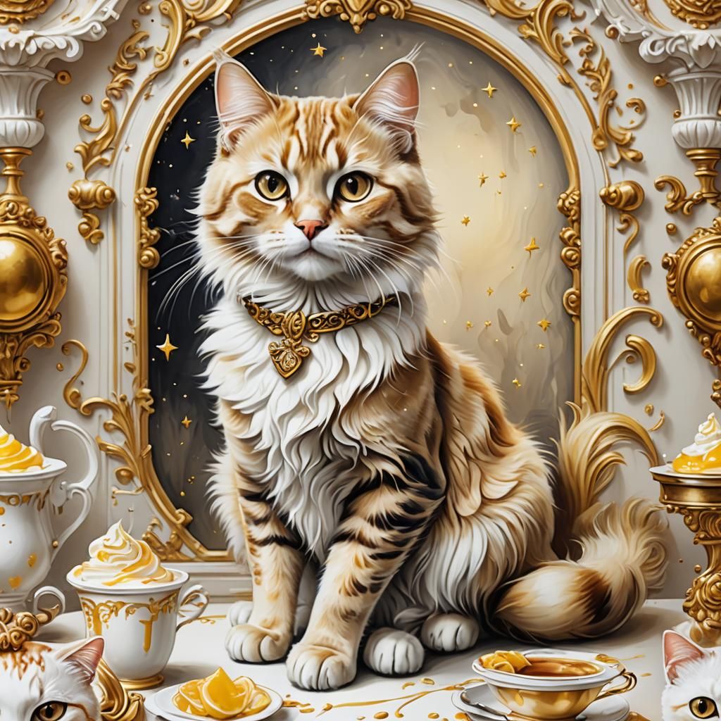 Cute Cat Portrait in Baroque Style Airbrush Illustration