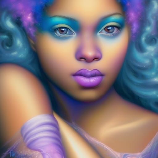 Ethereal siren African-American young lady with Blue hair with Green highlights& Brown eyes& Blue eyeshadow& purple lips...
