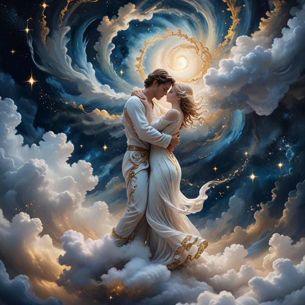 Two Figures Embrace in Starry Celestial Clouds