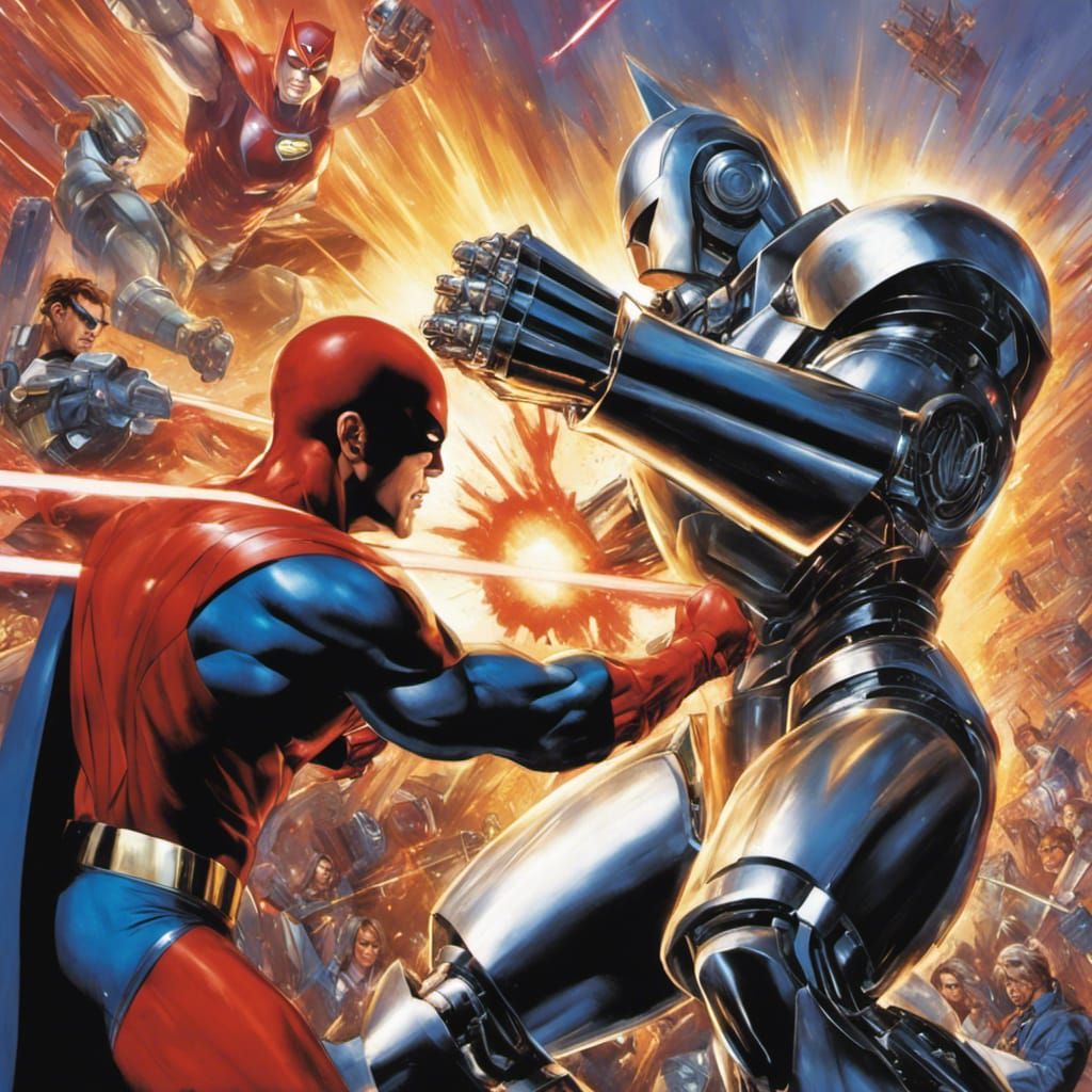 Superhero Punches Robot in Alex Ross Comic Style
