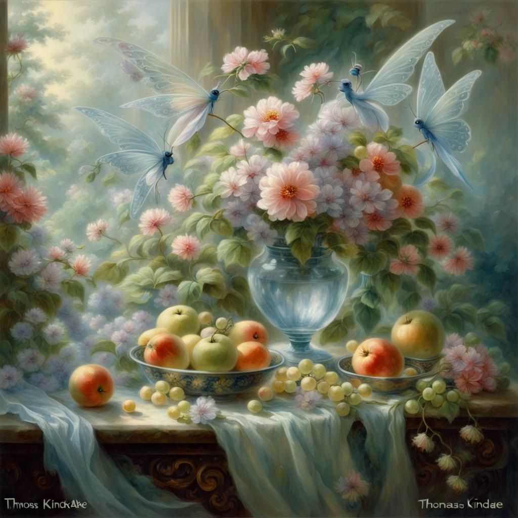 Ethereal Still Life with Fairies in a Thomas Kinkade Style