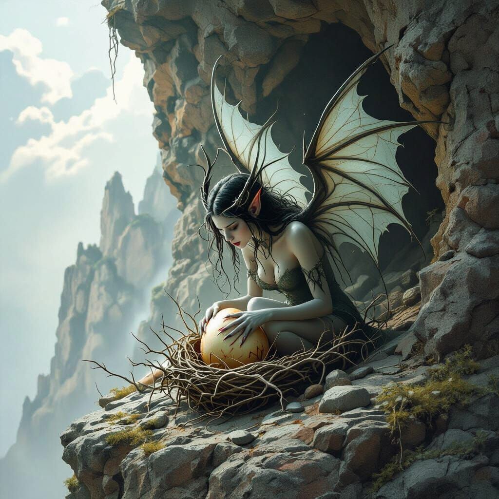 Eerie Fairy Hatching From Egg in Dark Fantasy Style
