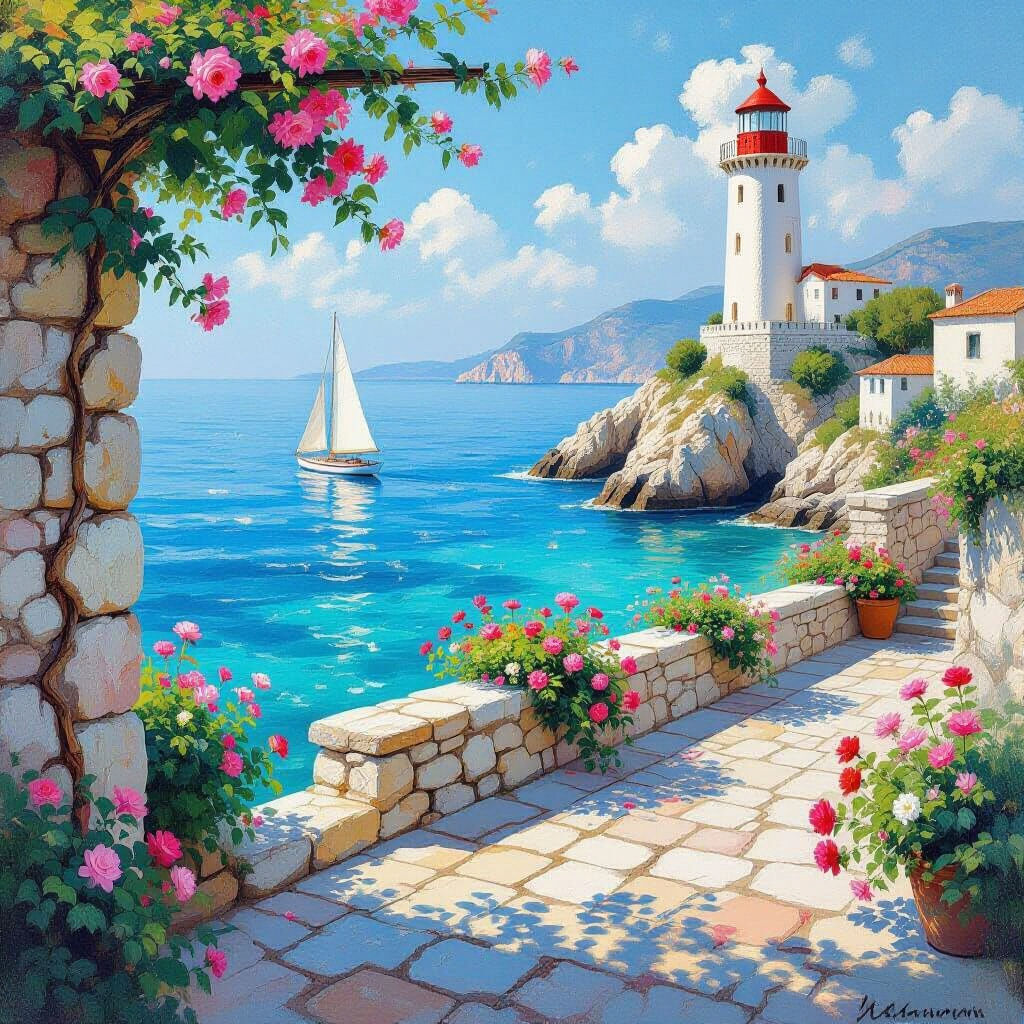 Impressionistic Coastal Scene with Lighthouse and Terrace