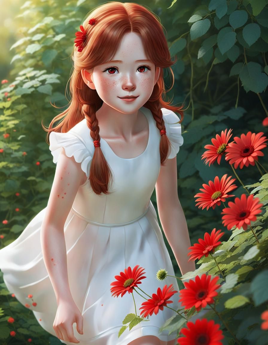 Auburn Haired Girl Picking Flowers, Anime Key Visual