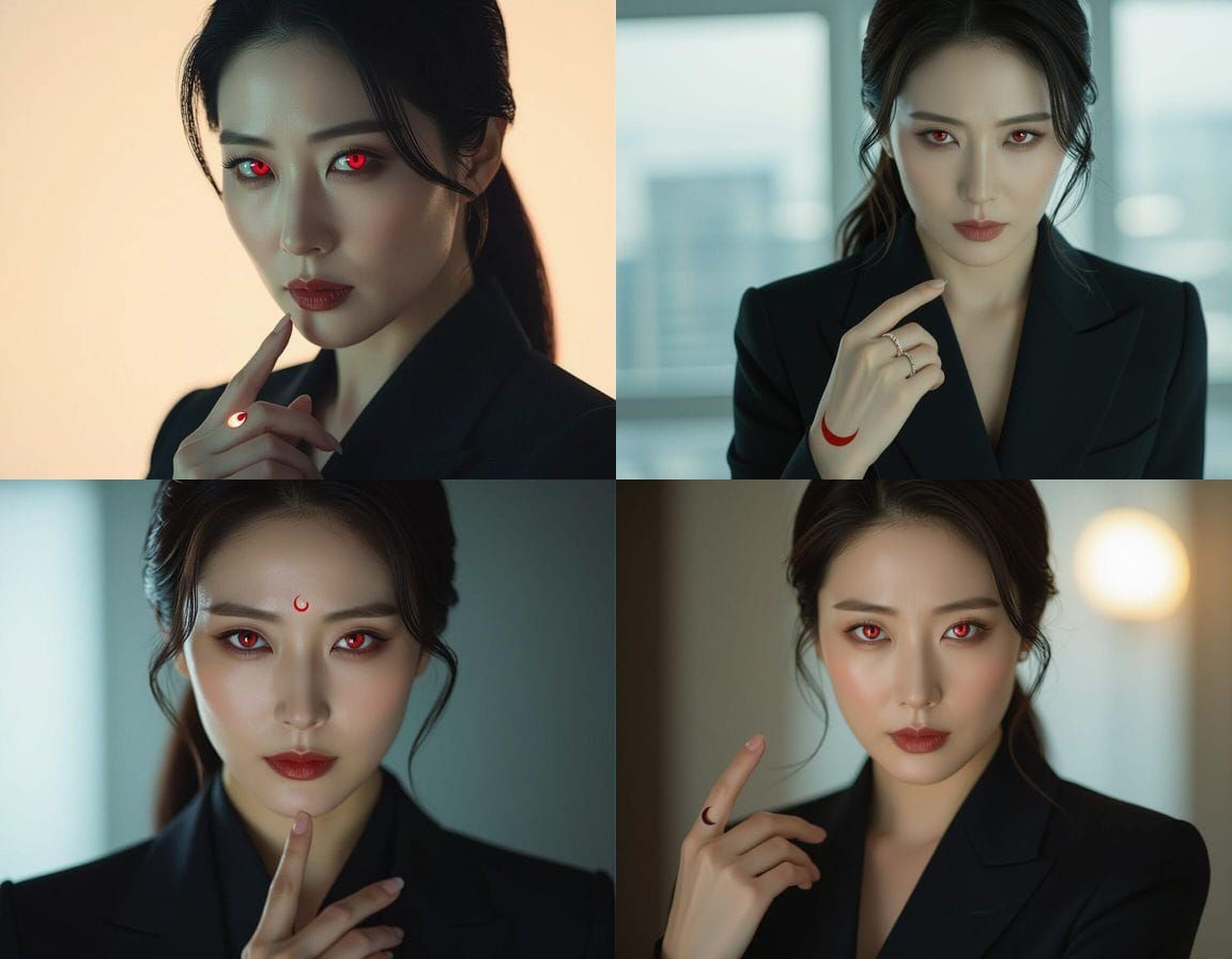 Cruel Korean Woman With Red Eyes in Dark Suit