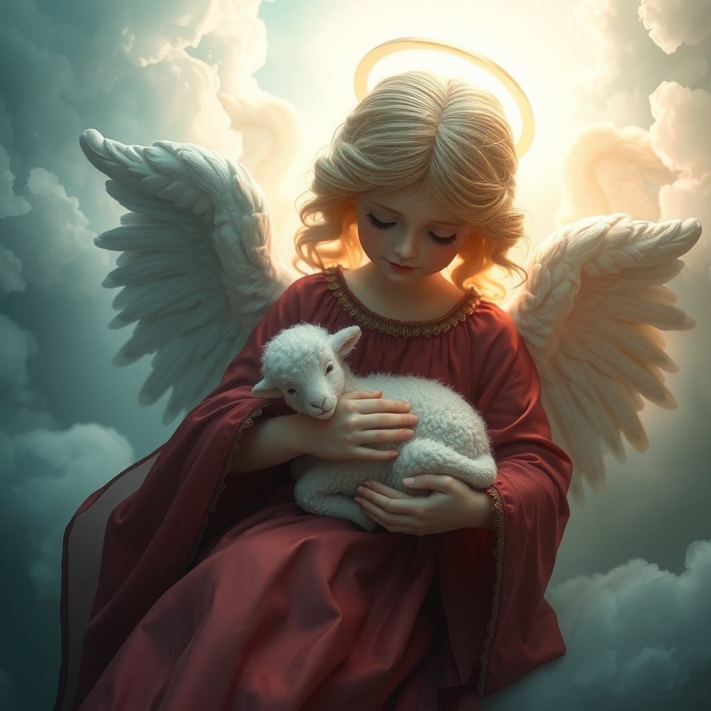 Ethereal Angel Cradling Lamb in Heaven Scene
