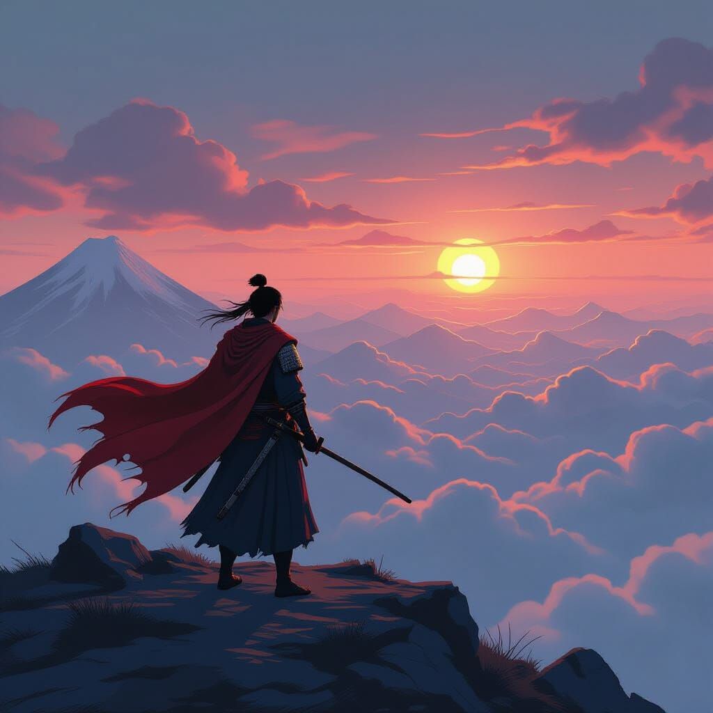 Samurai Warrior on Mountain Peak Overlooking Clouds at Dawn