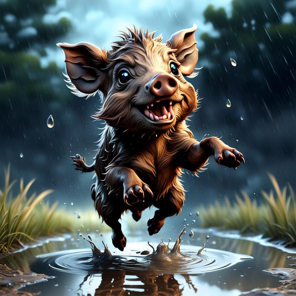 Joyful Baby Boar Splashing in Rainy Puddle