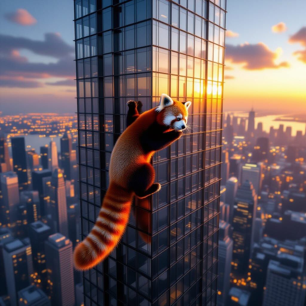 Giant Red Panda Climbs Skyscraper in Golden Hour