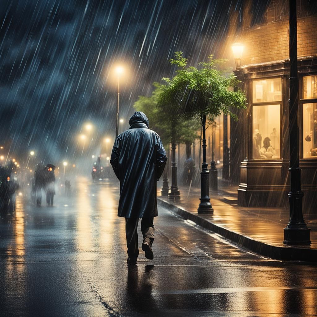 man on the sidewalk at night, I can almost feel the breeze a...