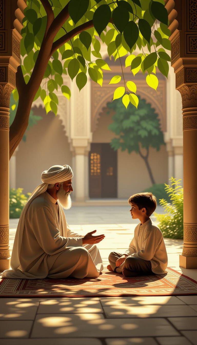Spiritual Arabic Courtyard: Teacher and Student Discussing D...