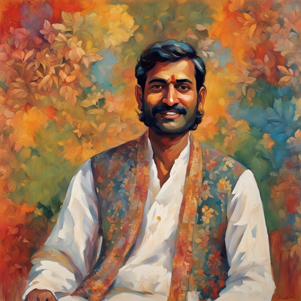 Indian Gentleman in Traditional Attire with Folk Art Backgro...