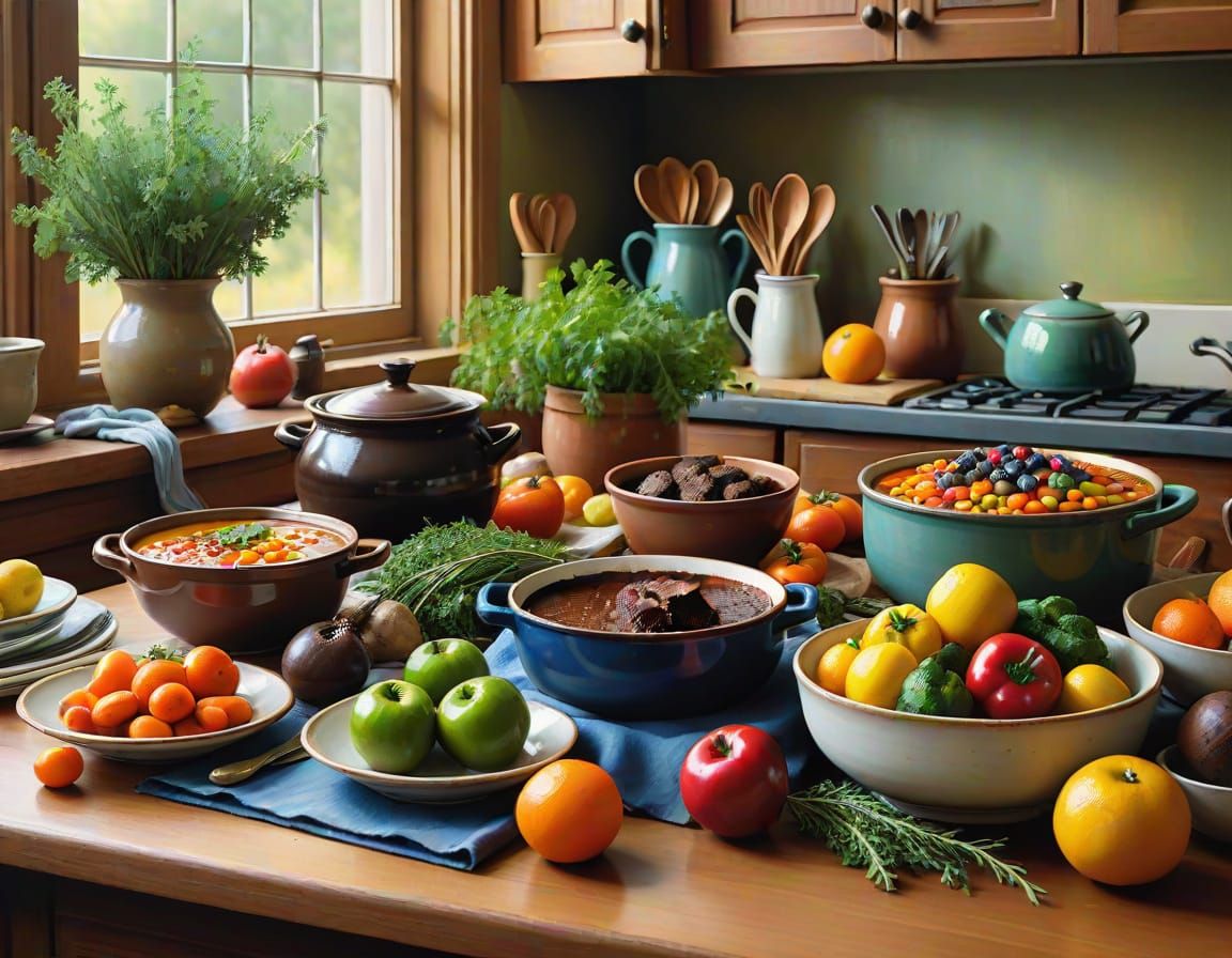 Vibrant Kitchen Still Life in Oil Painting Style