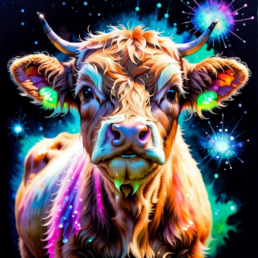 Bioluminescent Highland Calf in Alcohol Ink Style