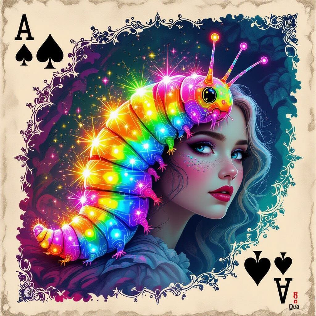 Neon Caterpillar in Wonderland, Hyperrealistic Splash Art