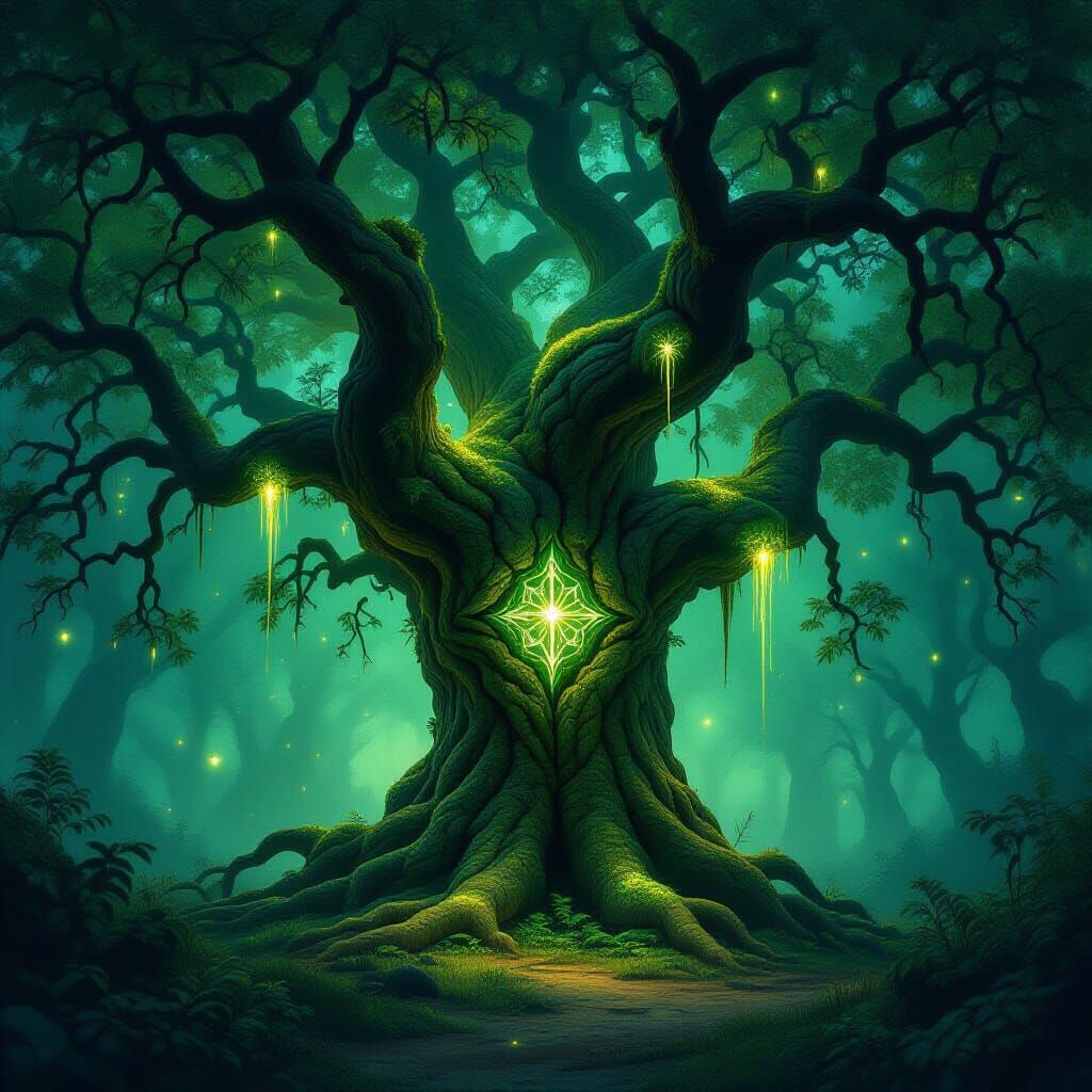 Ancient Rune-Etched Oak in Mystical Forest Clearing