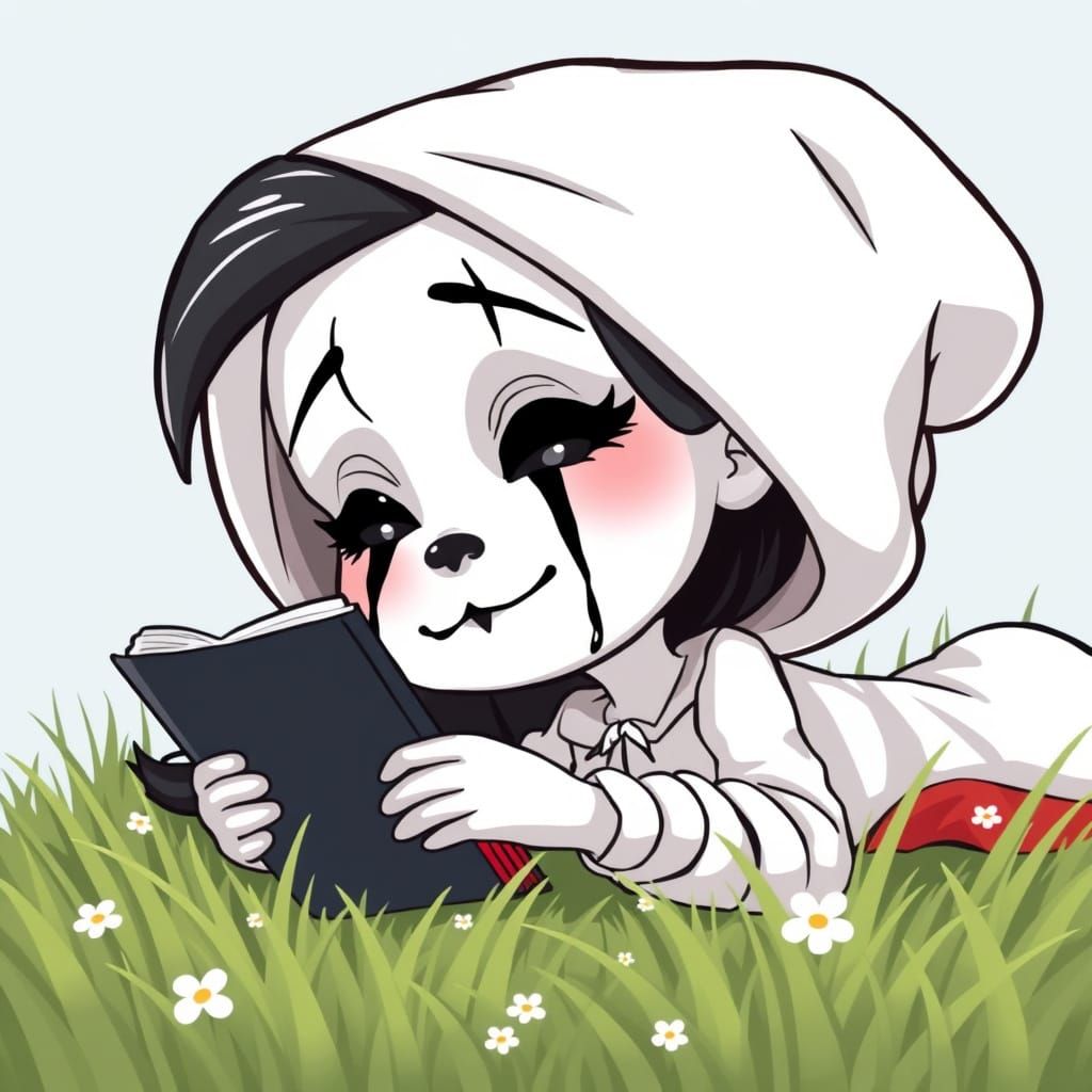 Mime Woman Reads in a Colorful Cartoon Landscape